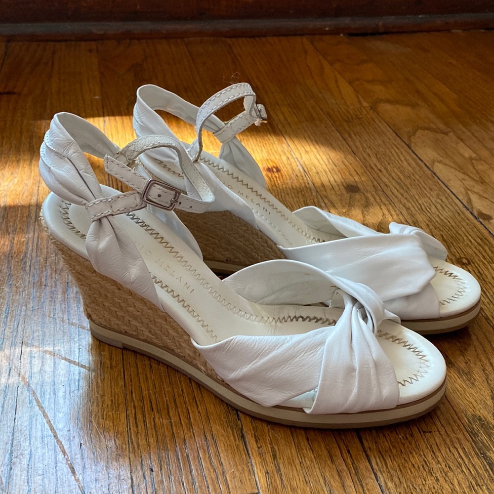 Antonio Melani white leather and straw platform sandals
